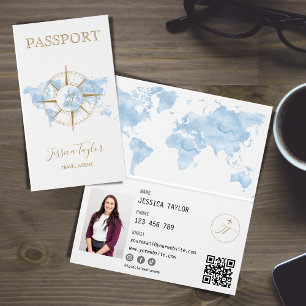 Blue Travel Agent Passport Weltkarte Foto einfügen Visitenkarten
