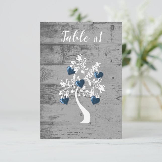 Blue Tree of Hearts Wedding Table Card Einladung (Stehend Vorderseite)