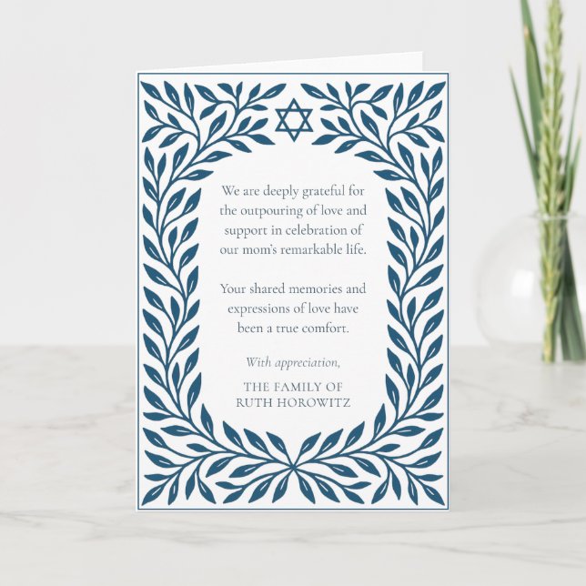 Blue Tree of Life Traditional Jewish Star Beileid Dankeskarte (Vorderseite)