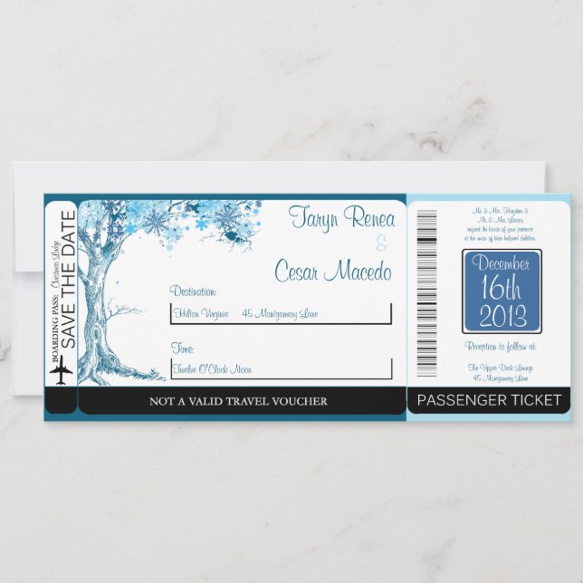 Blue Tree / Snowf Boarding Pass Einladung Hochzeit (Vorderseite)