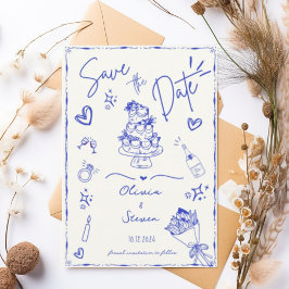 Blue Trendy Hand Drawn Scribble Fun Save the Date Einladung