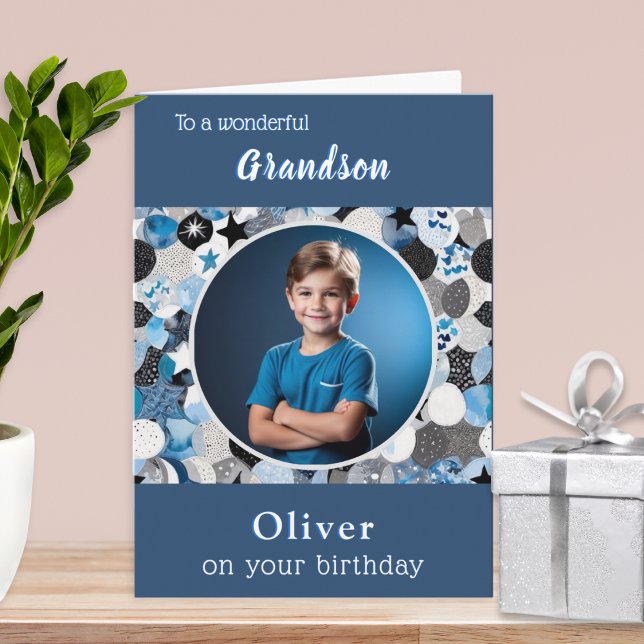 Blue Trendy Modern 1 Foto Grandson Birthday Karte (A birthday card for your grandson, to personalize with a photo and name)
