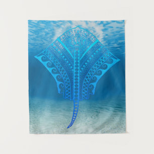Blue Tribal Stingray Wandteppich