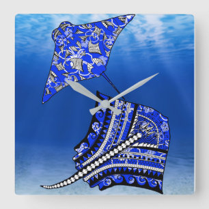 Blue Tribal Stingrays Quadratische Wanduhr