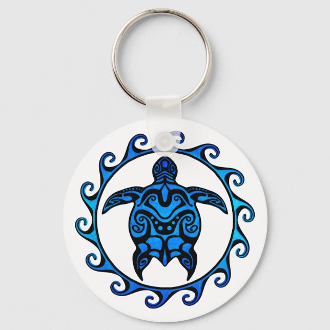 Blue Tribal Turtle Sun Schlüsselanhänger (Vorderseite)