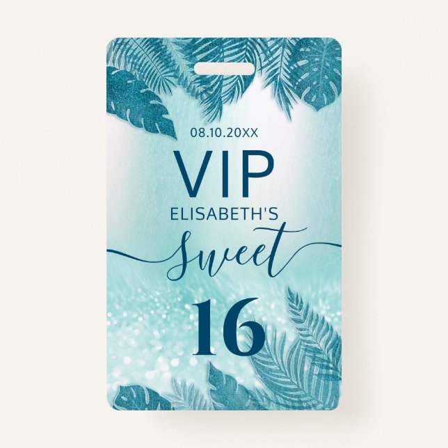 Blue Tropical Blätter Glitzer Skript Sweet 16 VIP Ausweis (Vorderseite)