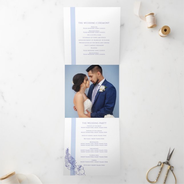 blue tropical botanica line art wedding dreifach-gefaltete programmkarte (Innenseite)