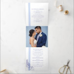blue tropical botanica line art wedding dreifach-gefaltete programmkarte<br><div class="desc">blue purple tropical botanical line art drawing and light blue stripe design wedding program. Tropical wedding ceremony custom photo inside order of service wedding ceremony 6pp program. Add your own couples name and wedding date, ceremony detail, wedding party members, love story and thank yous all in blue purple, light blue...</div>