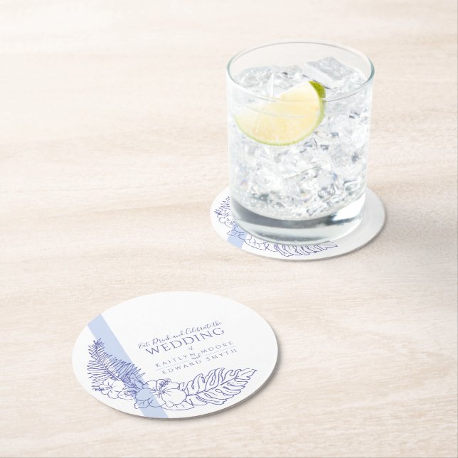 blue tropical botanica line art wedding runder pappuntersetzer (Vor Ort)
