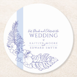 blue tropical botanica line art wedding runder pappuntersetzer
