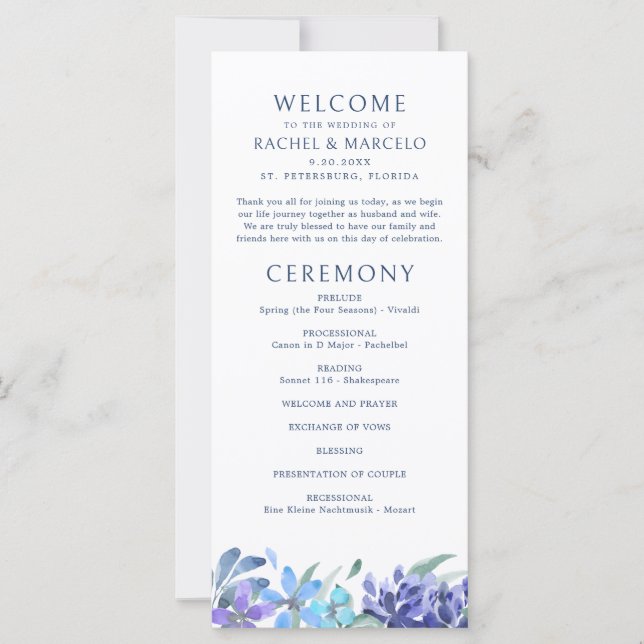Blue Tropical Floral Wedding Program (Vorderseite)