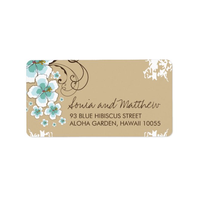 Blue Tropical Hibiskus Beach Hochzeitadresse Adressaufkleber (Vorne)