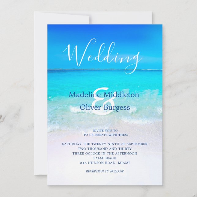 Blue Tropical Hochzeit in Urlaubsort Einladung (Rückseite)