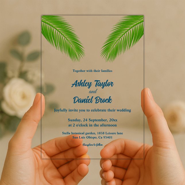 Blue Tropical Palm Leaf Coastal Beach Hochzeit Acryleinladungen (Von Creator hochgeladen)