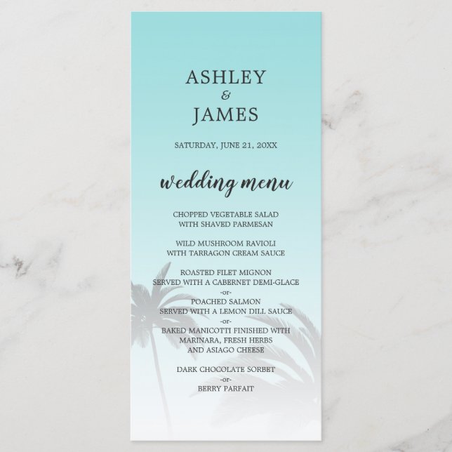 Blue Tropical Palm Tree Beach Hochzeit Menükarte (Vorderseite)