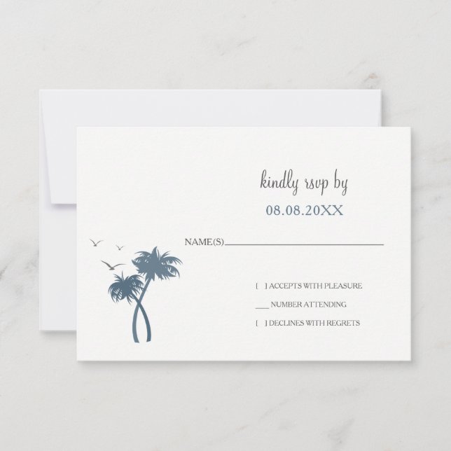 Blue Tropical Palm Tree Wedding rsvp Karte (Vorderseite)
