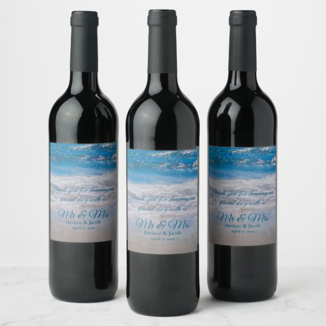 Blue Tropical Wedal Ocean Waves Weinetikett (Flaschen)