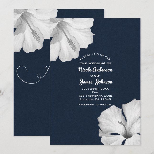 Blue Tropical Wedding Einladungen für White Hibisk (Vorne/Hinten)