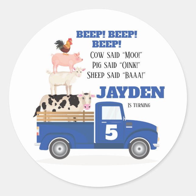 Blue Truck Birthday Sticker. Aufkleber für Party i (Vorderseite)