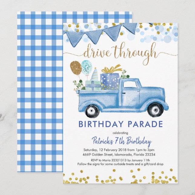 Blue Truck Boy Drive by Birthday Parade Einladung (Vorne/Hinten)