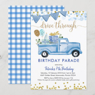 Blue Truck Boy Drive by Birthday Parade Einladung