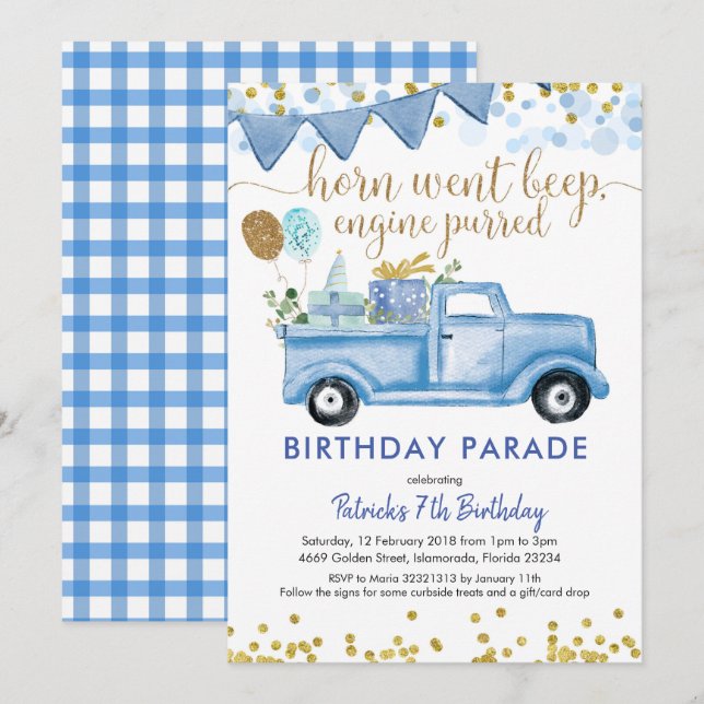 Blue Truck Boy Drive by Birthday Parade Einladung (Vorne/Hinten)