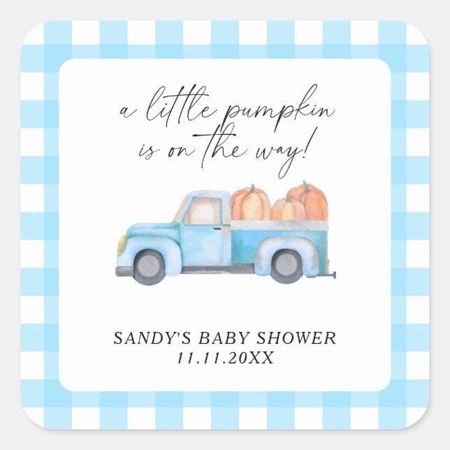Blue Truck ein kleines Pumpkin Fall Baby Dusche Quadratischer Aufkleber (Vorderseite)