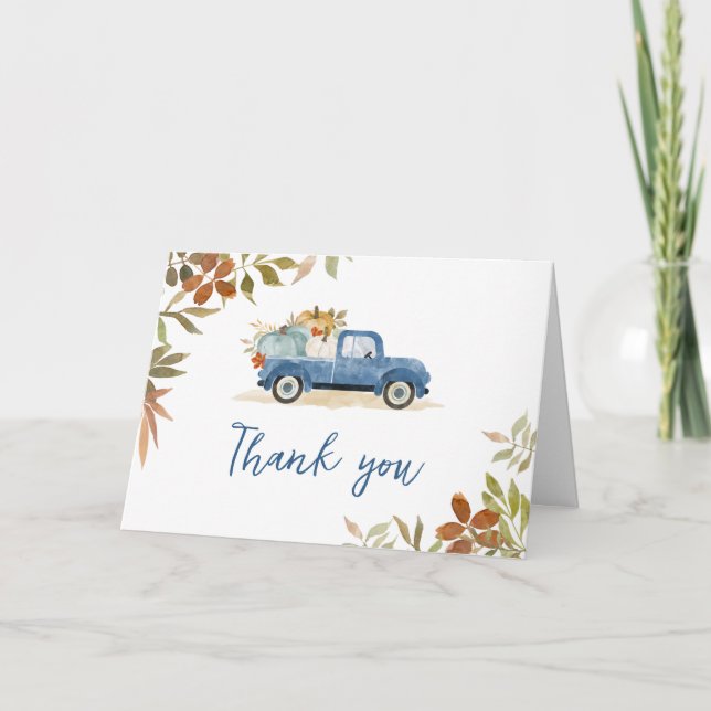 Blue Truck Fall Pumpkin Baby Dusche Danke Karte (Vorderseite)
