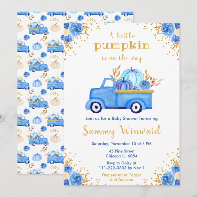 Blue Truck Fall Pumpkin Baby Dusche Einladung (Vorne/Hinten)