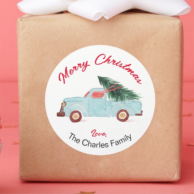 Blue Truck Frohe Weihnachts-Round-Stickers Runder Aufkleber (Von Creator hochgeladen)