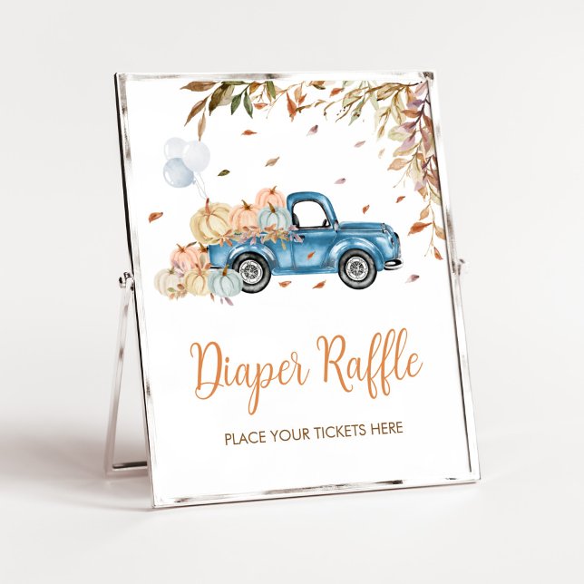 Blue Truck Pumpkin Diaper Raffle Baby Dusche Poster (Boy Little Pumpkin Truck Baby Shower Diaper Raffle Sign)