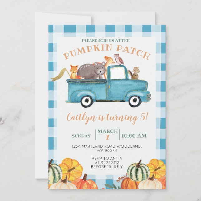 Blue Truck Pumpkin Patch Gingham 5. Geburtstag Einladung (Vorderseite)