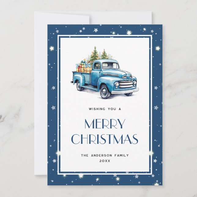 Blue Truck Tree Neige Stars Joyeux Noël Carte (Devant)
