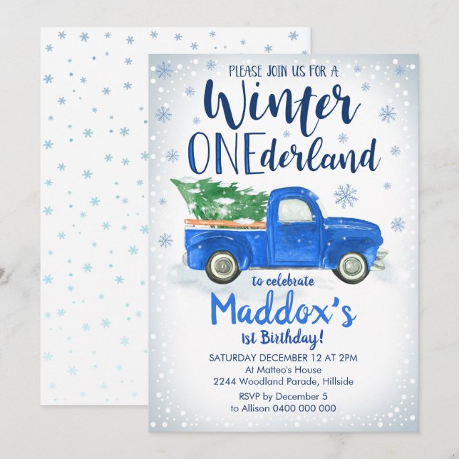 Blue Truck Winter ONEderland Einladung Junge 1. (Vorne/Hinten)