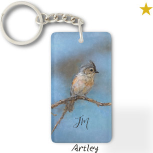 Blue Tufted Titmaus Bird Painting Custom Initial Schlüsselanhänger