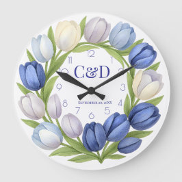 Blue Tulip Wreath Watercolor Große Wanduhr