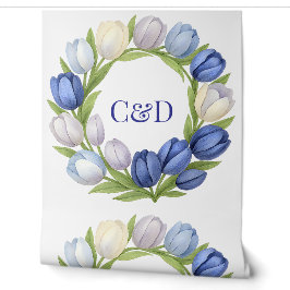 Blue Tulip Wreath Watercolor Tapete