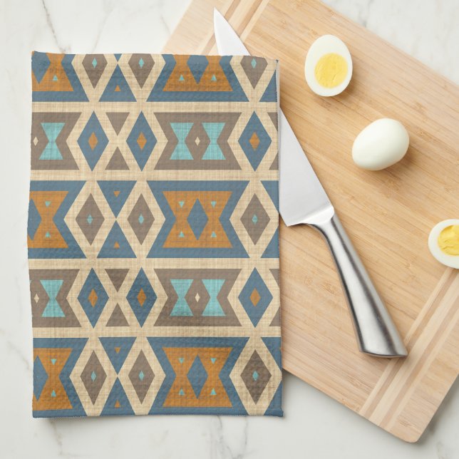 Blue Türkis Aquamarin Orange Tan Brown Tribal Art Geschirrtuch (Viertel Falte)