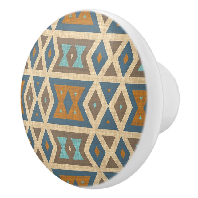 Blue Türkis Aquamarin Orange Tan Brown Tribal Art Keramikknauf (Rechts)