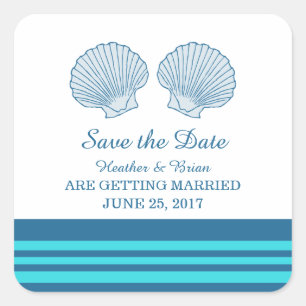 Blue Türkise Nautical Seashells Save the Date Quadratischer Aufkleber
