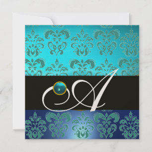 BLUE TURQUASE BLACK CHAMPAGNE DAMASK MONOGRAMM EINLADUNG