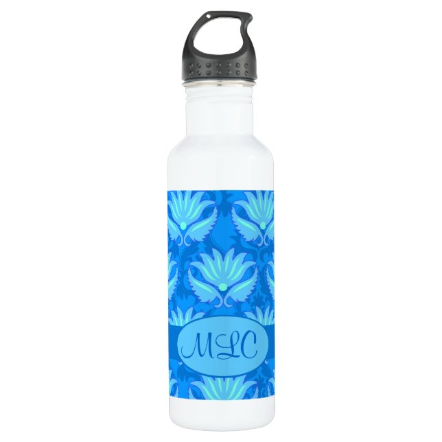 Blue Turquoise Art Nouveau Damask Monogram Trinkflasche (Vorderseite)