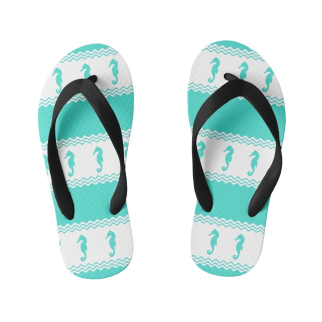 Blue Turquoise Coastal Seahorses Stripes Kinderbadesandalen (Fußbett)