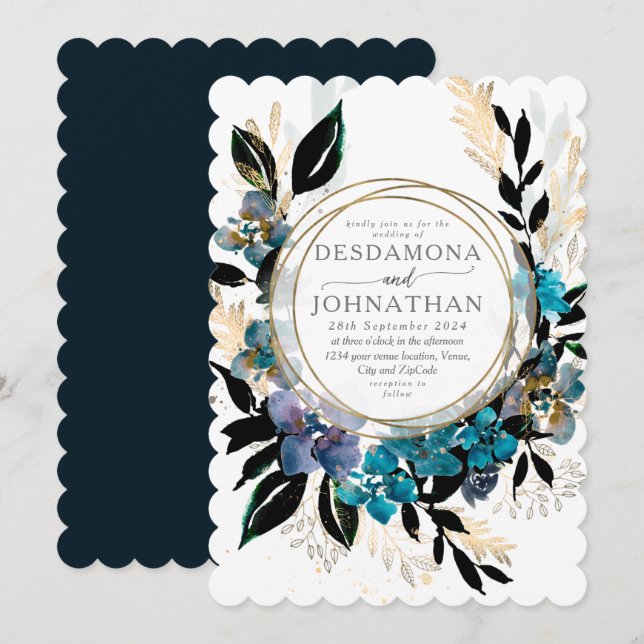 Blue turquoise Floral Mariage Bouquet Invitation (Devant / Derrière)