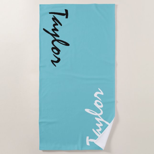 Blue Turquoise Nom personnalisé Serviette de plage (Devant)