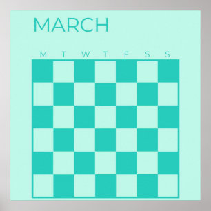 Blue Turquoise Undated Checked März Calendar Poster