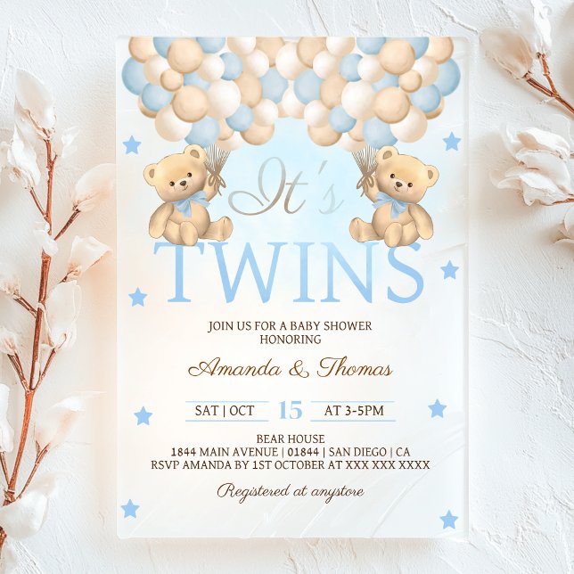Blue Twin Boys Bear Balloons Babydusche Acryleinladungen (Von Creator hochgeladen)