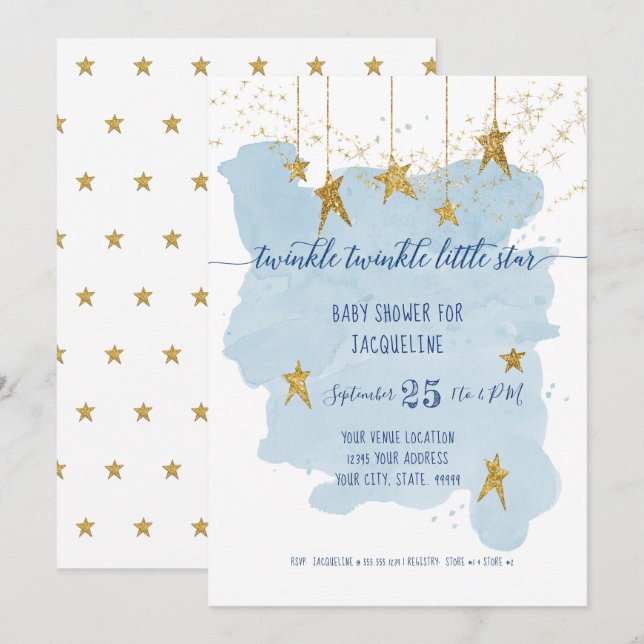 Blue Twinkle Little Star Gold Boy Baby Dusche Einladung (Vorne/Hinten)