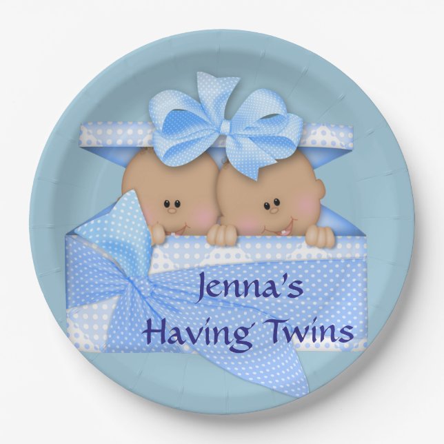 Blue Twins African American Baby Dusche Party Pappteller (Vorderseite)