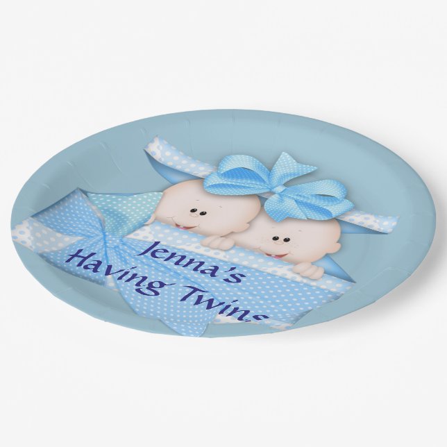 Blue Twins Baby Dusche Party Paper Teller (Schrägansicht)
